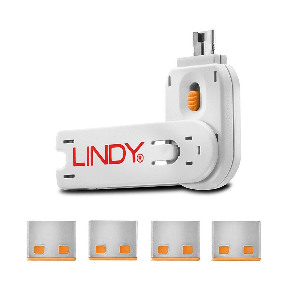 Lindy USB A Port Blocker Orange 40453 (4 Pack + 1 Key) USB Security Lock