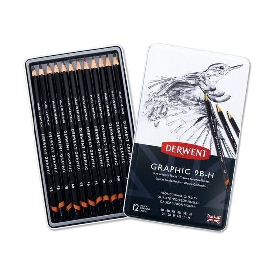 Derwent Graphic Soft Pencil Set 12pc 9B to HB - Drawing & Shading Easy Blending