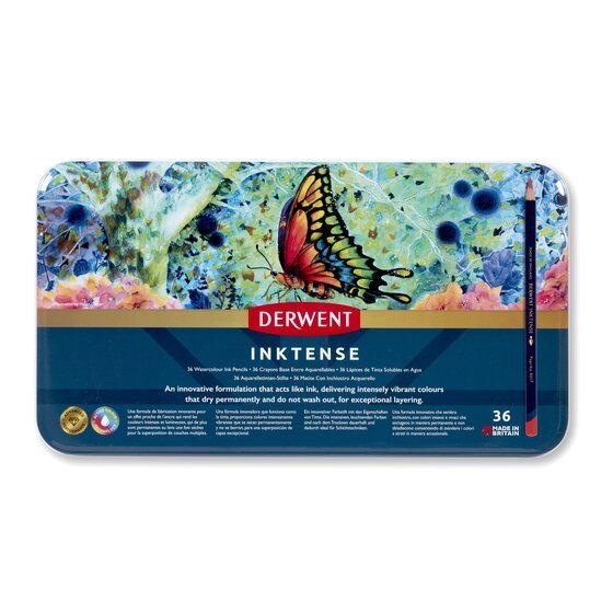 Derwent Inktense Colour Pencils Tin (36 Colours) Ink-Like Water-Soluble Pencils
