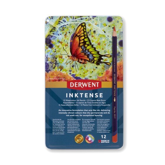 Derwent Inktense Colour Pencils Tin (12 Colours) Ink-Like Water-Soluble Pencils