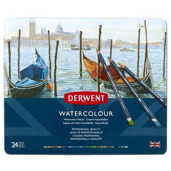 Derwent Watercolour Pencils Tin (24 Colours) Water-Soluble Blendable Artist Set