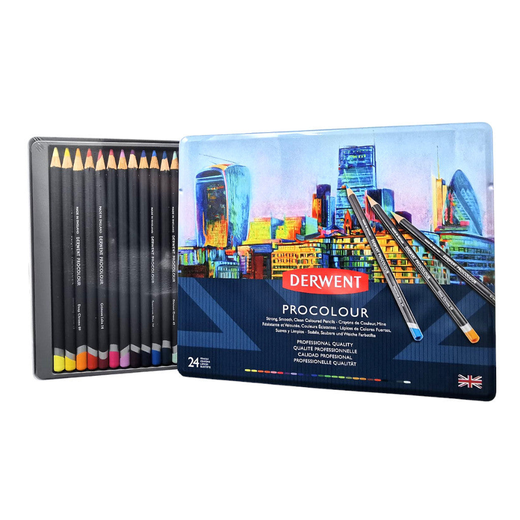 Derwent Procolour Colour Pencils Tin (24 Colours) Professional Wax-Oil Hybrid Pencils