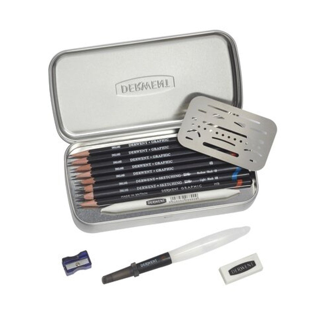 Derwent Line & Wash Sketching Set 14pc Graphic Pencils - Portable Lightweight Silver Tin