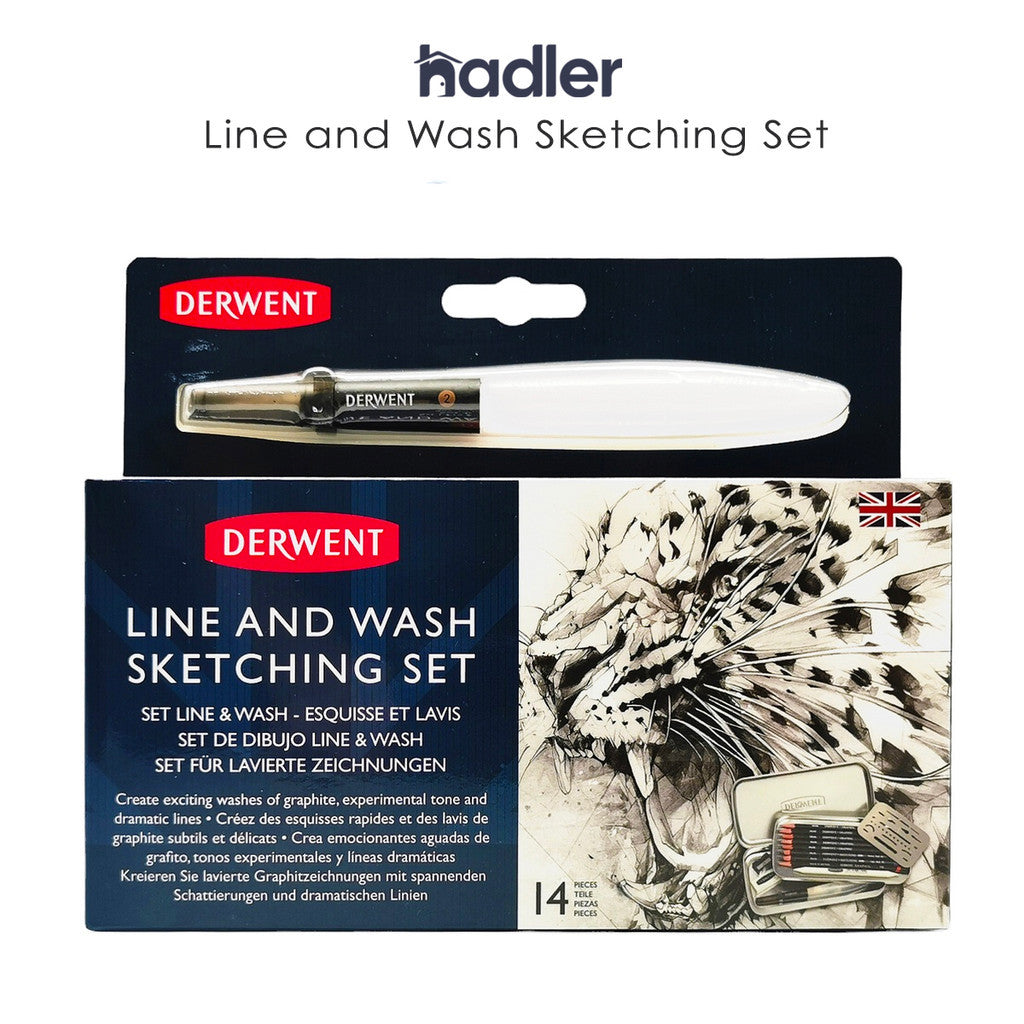 Derwent Line & Wash Sketching Set 14pc Graphic Pencils - Portable Lightweight Silver Tin