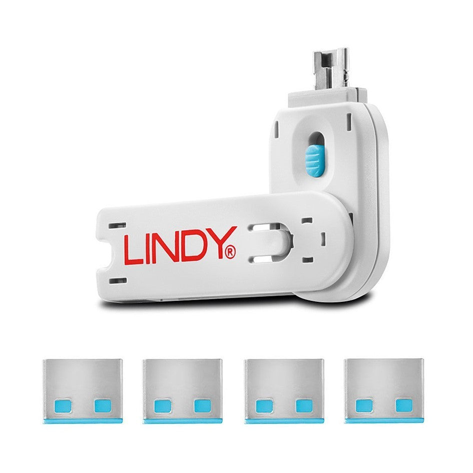 Lindy USB A Port Blocker Blue 40452 (4 Pack + 1 Key) USB Security Lock System