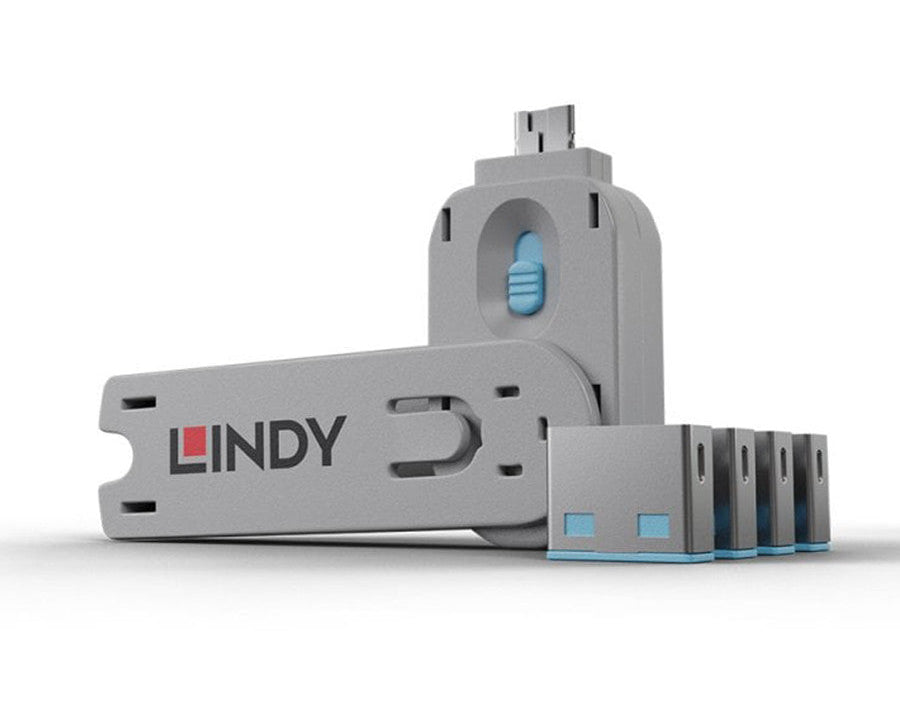Lindy USB A Port Blocker Blue 40452 (4 Pack + 1 Key) USB Security Lock System