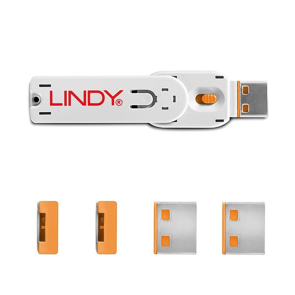 Lindy USB A Port Blocker Orange 40453 (4 Pack + 1 Key) USB Security Lock