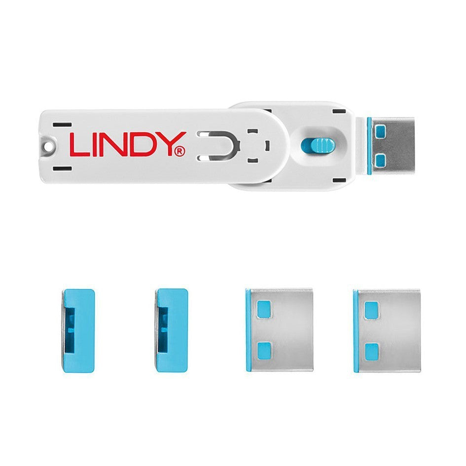Lindy USB A Port Blocker Blue 40452 (4 Pack + 1 Key) USB Security Lock System
