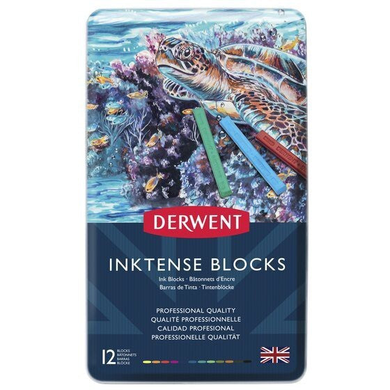 Derwent Inktense Blocks Tin (12 Colours) – Water-Soluble Ink Blocks Bold Colour Laydown