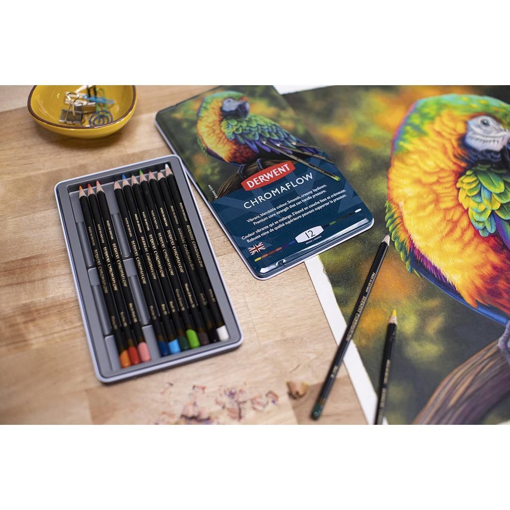 Derwent Chromaflow Colour Pencils Tin (12 Colours) – Vibrant Wax-Based Pencils