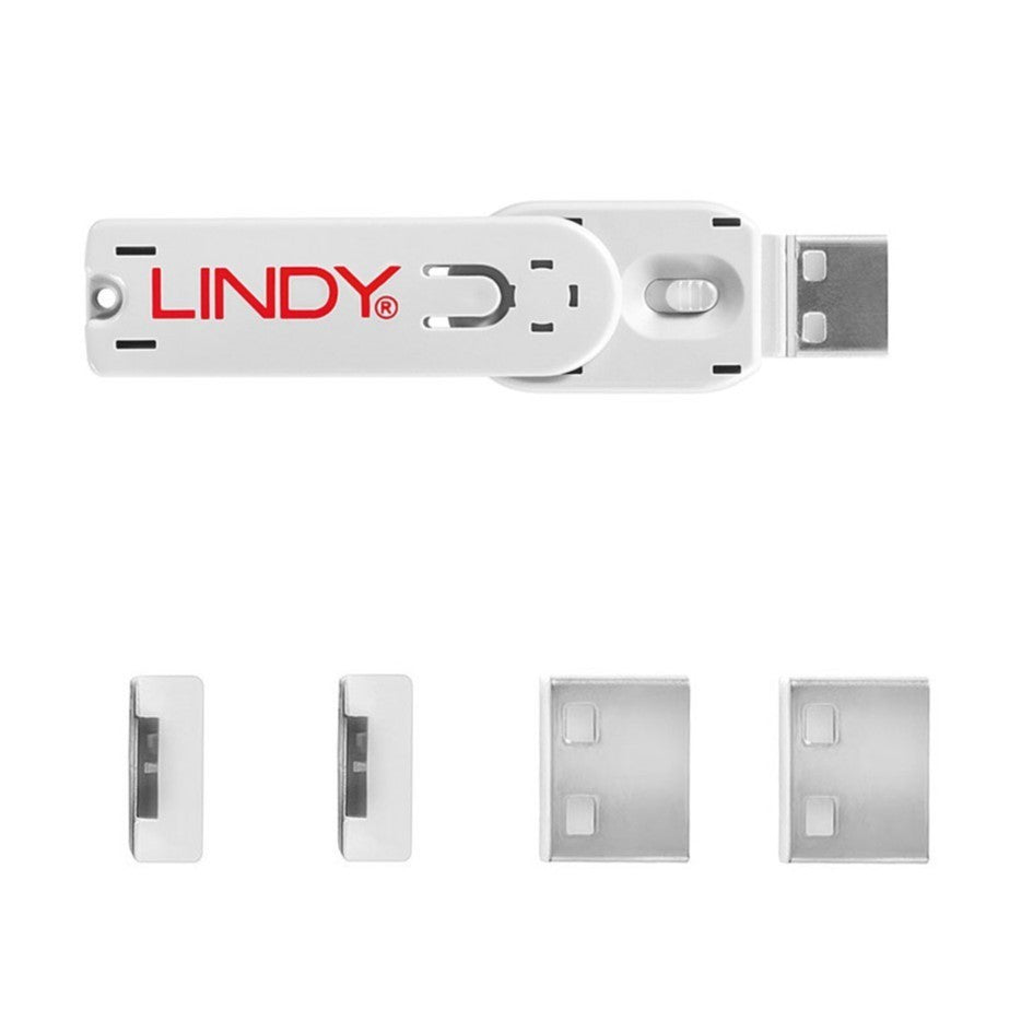 Lindy USB A Port Blocker Lock White 40454 (4 Locks + 1 Key) USB Security Kit
