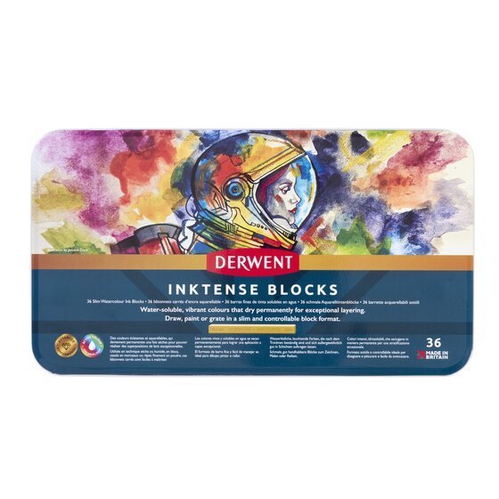 Derwent Inktense Blocks Tin (36 Colours) Water-Soluble Ink Blocks Bold Colour Laydown