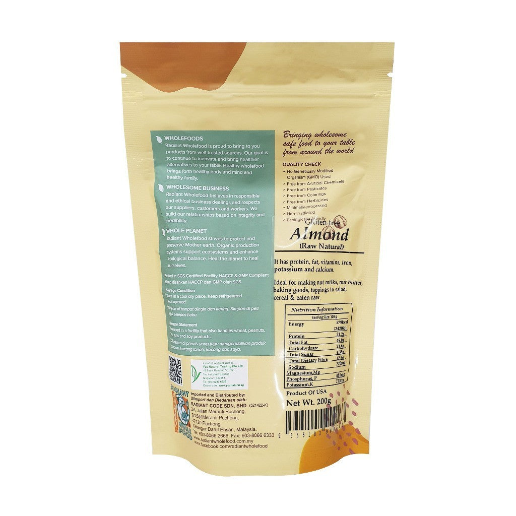 Radiant Whole Foods Natural Raw Almonds 200g | Gluten Free | High Protein Snack