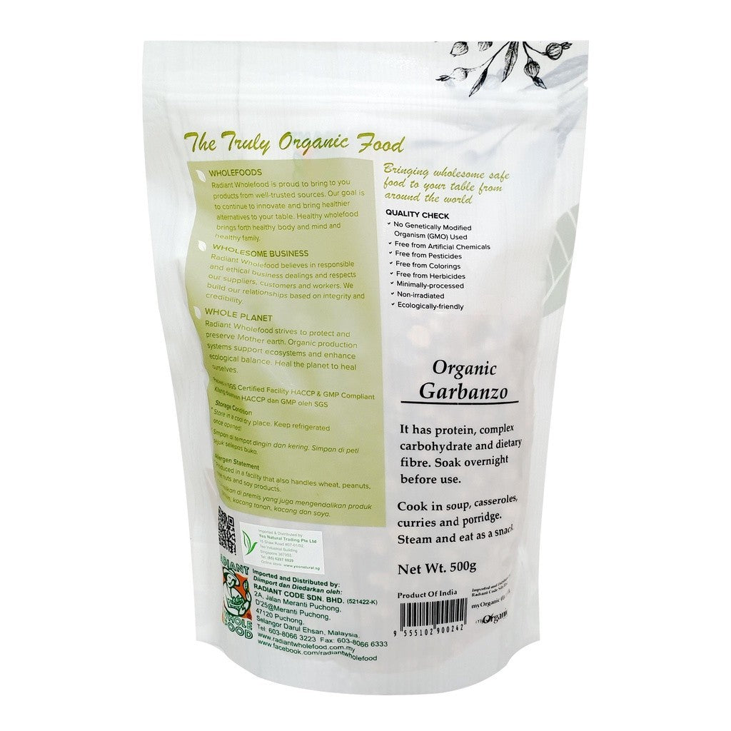 Radiant Whole Food Organic Garbanzo Beans 500g | Chickpeas | Non-GMO, Preservative-Free