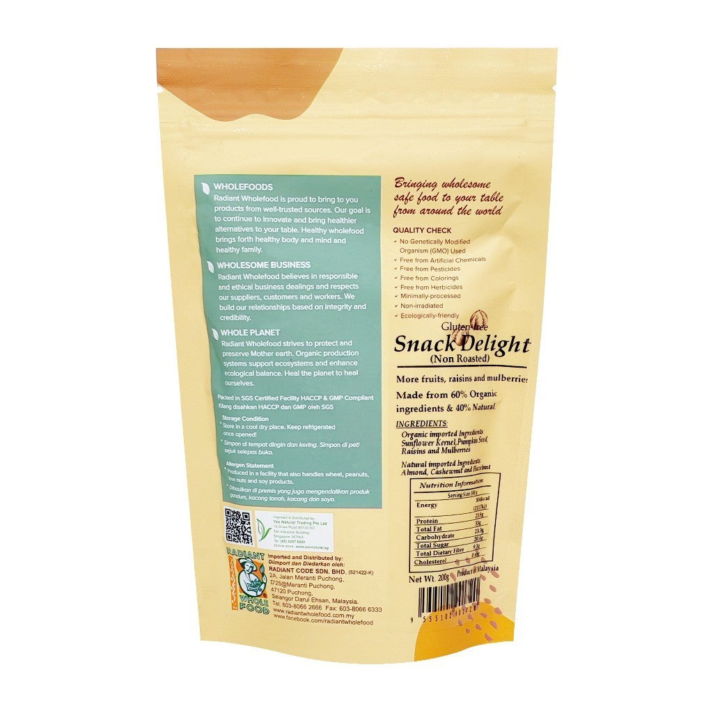 Radiant Whole Food Snack Delight 200g | Non-Roasted Trail Mix | Gluten Free | Organic Nuts & Seeds