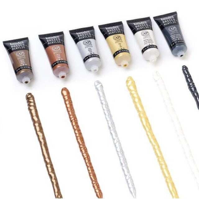 Liquitex Basics Metallic & Iridescent 6 Acrylic Paint Set 22ml | Gold, Silver, Bronze | Student-Grade