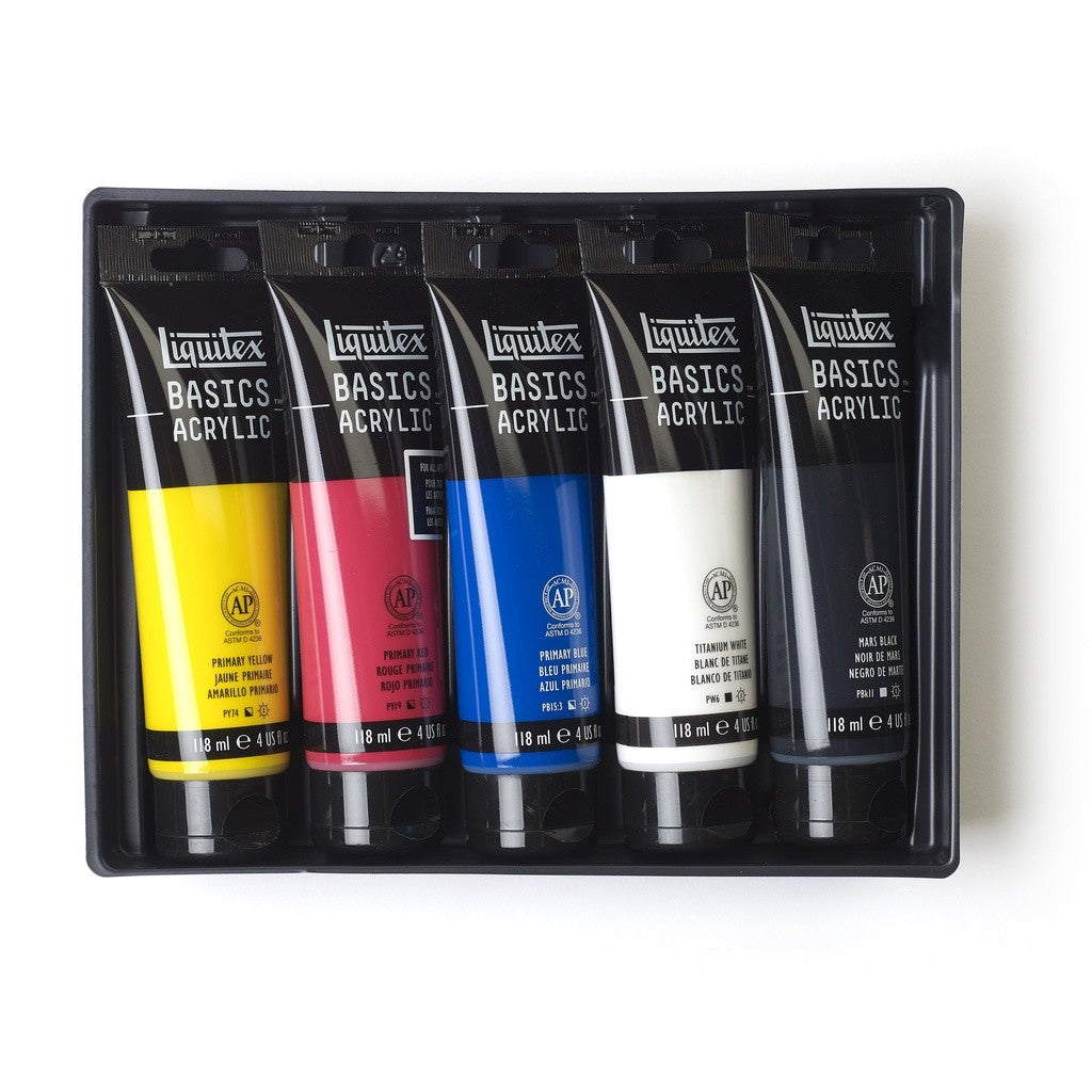 Liquitex Basics Acrylic Paint Set [5×118ml] | Primary Colours, Student-Grade, Lightfast Pigments