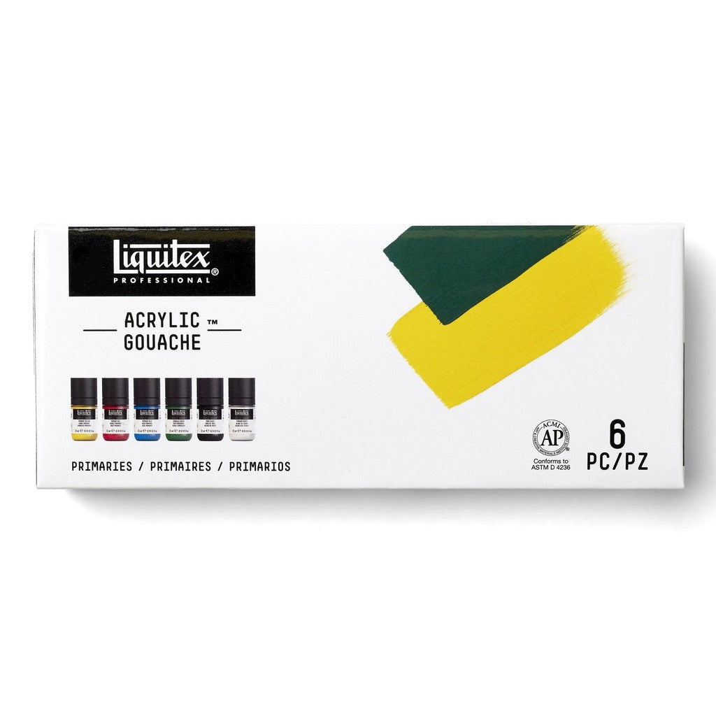 Liquitex Acrylic Gouache Primary Set | 6 Colours x 22ml | Ultra-Matte, Opaque, No Brush Strokes