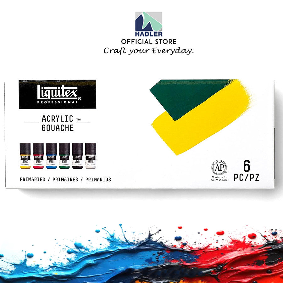 Liquitex Acrylic Gouache Primary Set | 6 Colours x 22ml | Ultra-Matte, Opaque, No Brush Strokes