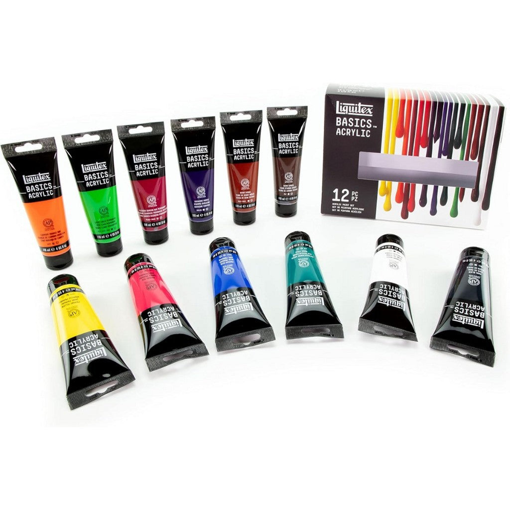 Liquitex Basics Acrylic Paint Set [12×118ml] | Student-Grade, High Pigment, Multi-Surface Use