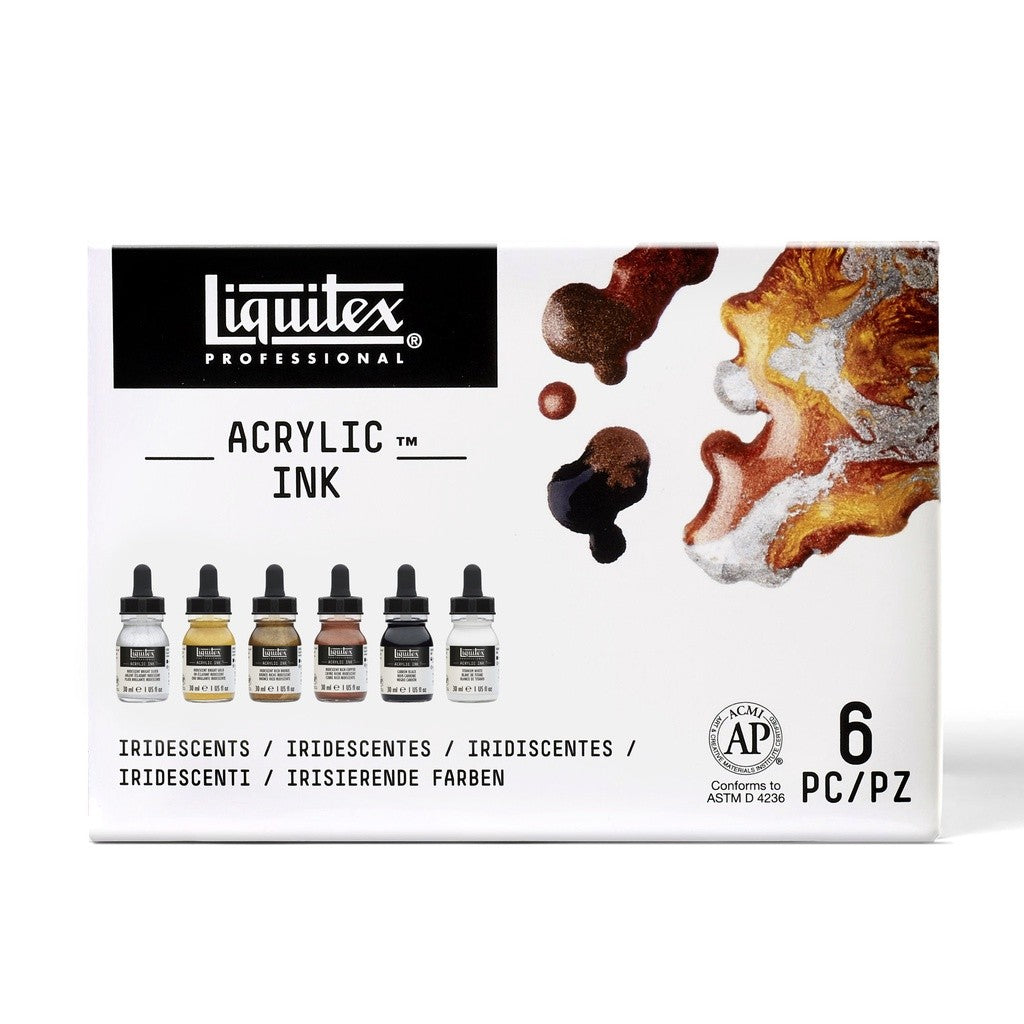 Liquitex Acrylic Ink Iridescent Set | 6 Colours x 30ml | Metallic Professional Artist Ink, Permanent