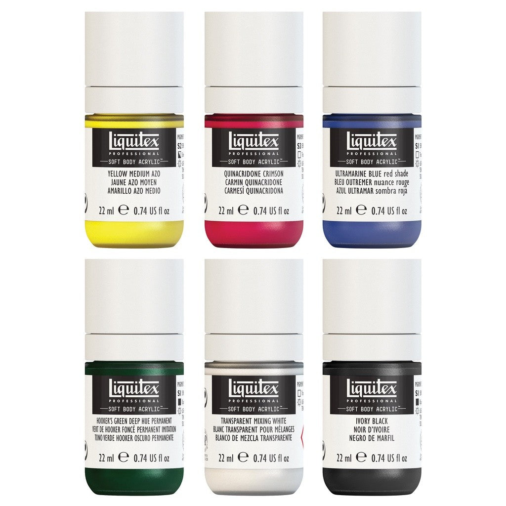 Liquitex Soft Body Acrylic Mixing Set | 6 Colours x 22ml | Professional Low-Viscosity Artist Paint