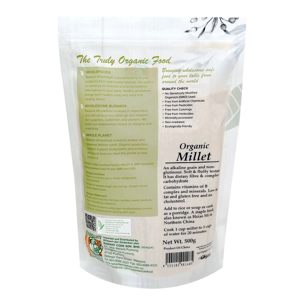 Radiant Whole Food Organic Millet 500g | Non-Glutinous, Gluten-Free | High Fiber Rice Alternative