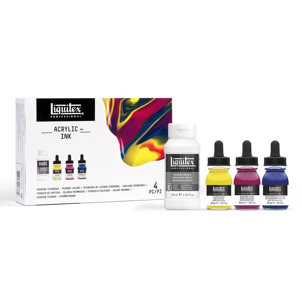 Liquitex Acrylic Ink Pouring Technique Set | 3 Primary Inks (30ml) + Pouring Medium, Professional