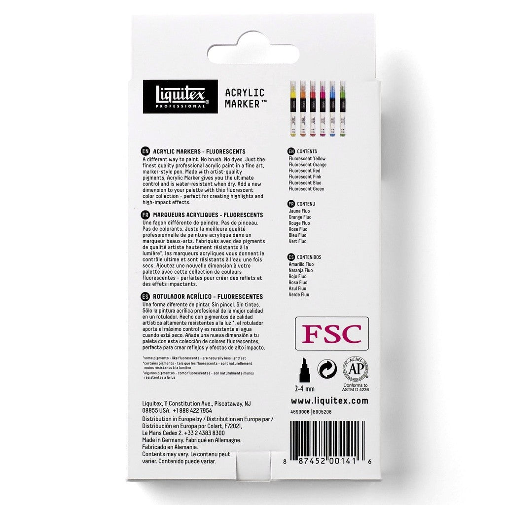 Liquitex Professional Acrylic Paint 6 Marker Set Fluorescents 2mm Nib | Fine Tip Neon Artist Markers