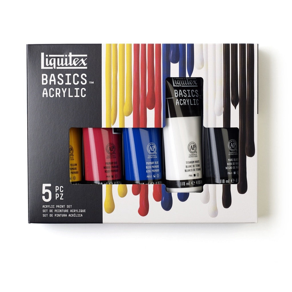 Liquitex Basics Acrylic Paint Set [5×118ml] | Primary Colours, Student-Grade, Lightfast Pigments