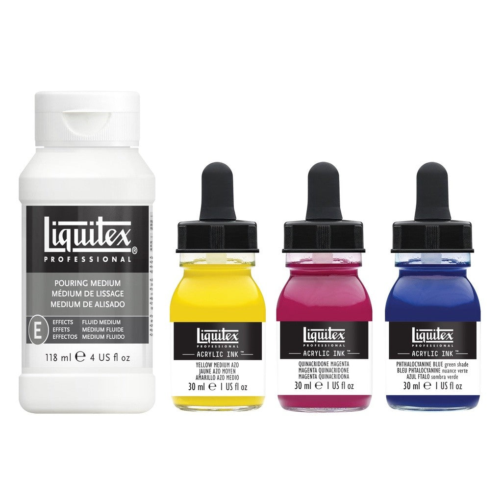 Liquitex Acrylic Ink Pouring Technique Set | 3 Primary Inks (30ml) + Pouring Medium, Professional