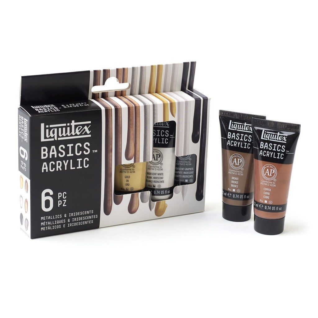 Liquitex Basics Metallic & Iridescent 6 Acrylic Paint Set 22ml | Gold, Silver, Bronze | Student-Grade