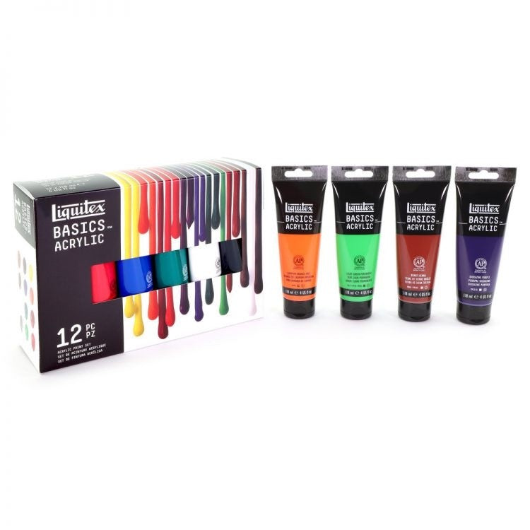 Liquitex Basics Acrylic Paint Set [12×118ml] | Student-Grade, High Pigment, Multi-Surface Use