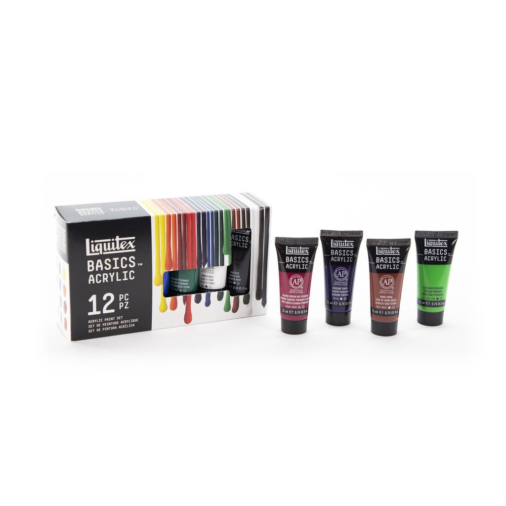 Liquitex Basics Acrylic Paint Set [12×22ml] | Student-Grade, Lightfast Pigments, Multi-Surface