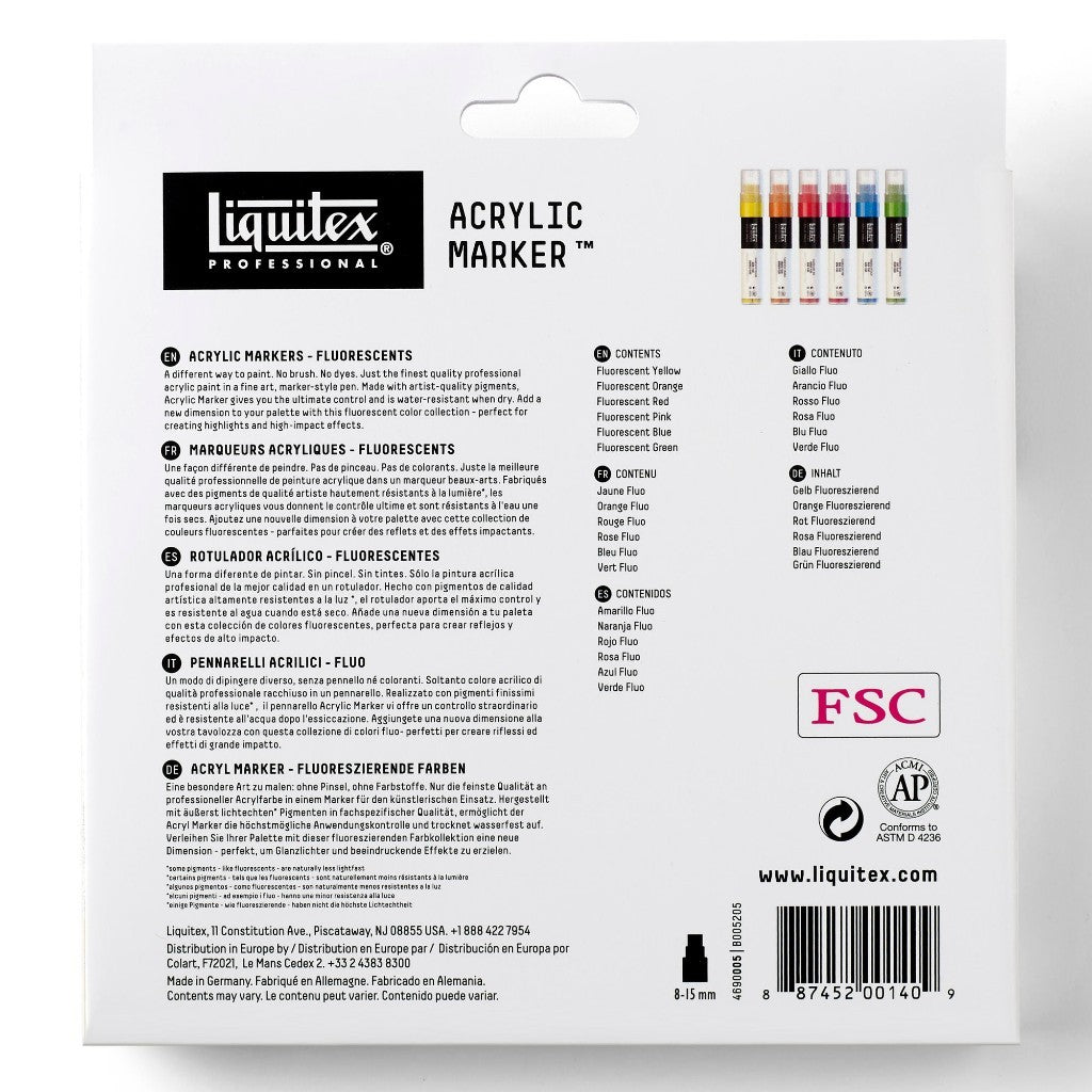 Liquitex Professional Wide Acrylic 6 Paint Marker Set Fluorescents 15mm Nib | Neon High-Impact