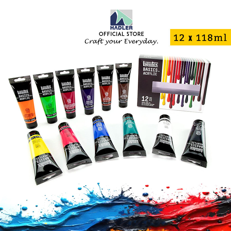 Liquitex Basics Acrylic Paint Set [12×118ml] | Student-Grade, High Pigment, Multi-Surface Use