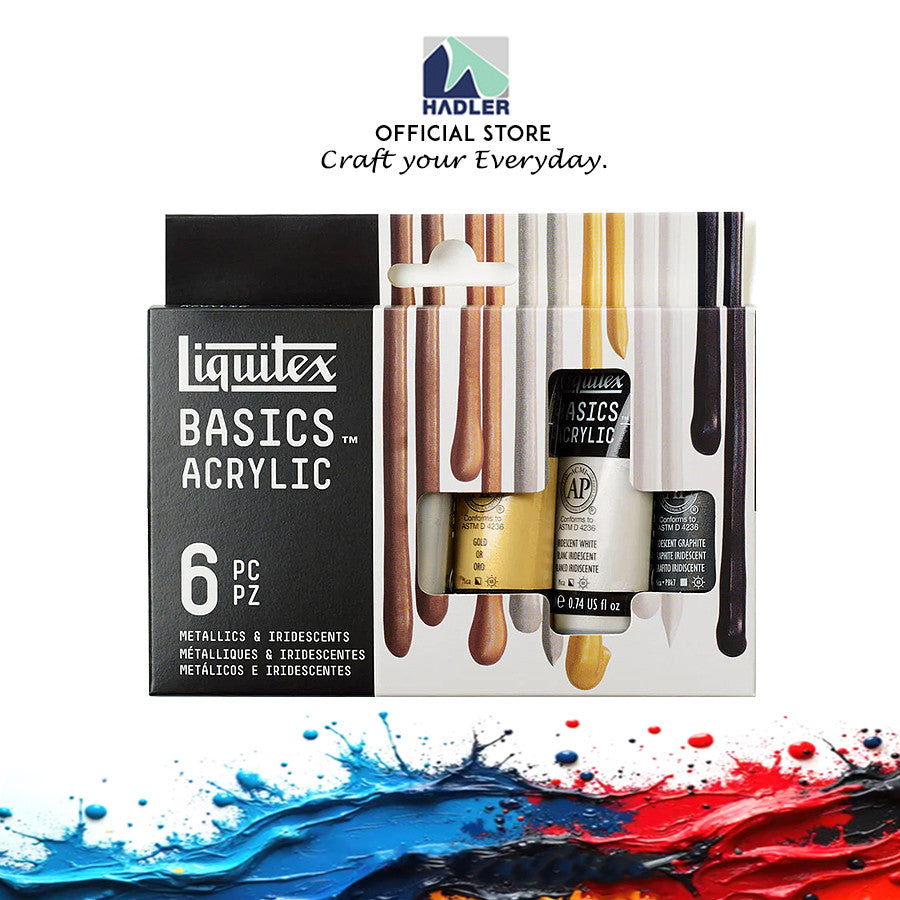 Liquitex Basics Metallic & Iridescent 6 Acrylic Paint Set 22ml | Gold, Silver, Bronze | Student-Grade