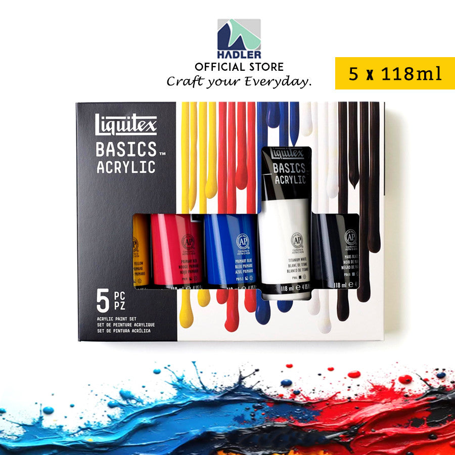 Liquitex Basics Acrylic Paint Set [5×118ml] | Primary Colours, Student-Grade, Lightfast Pigments