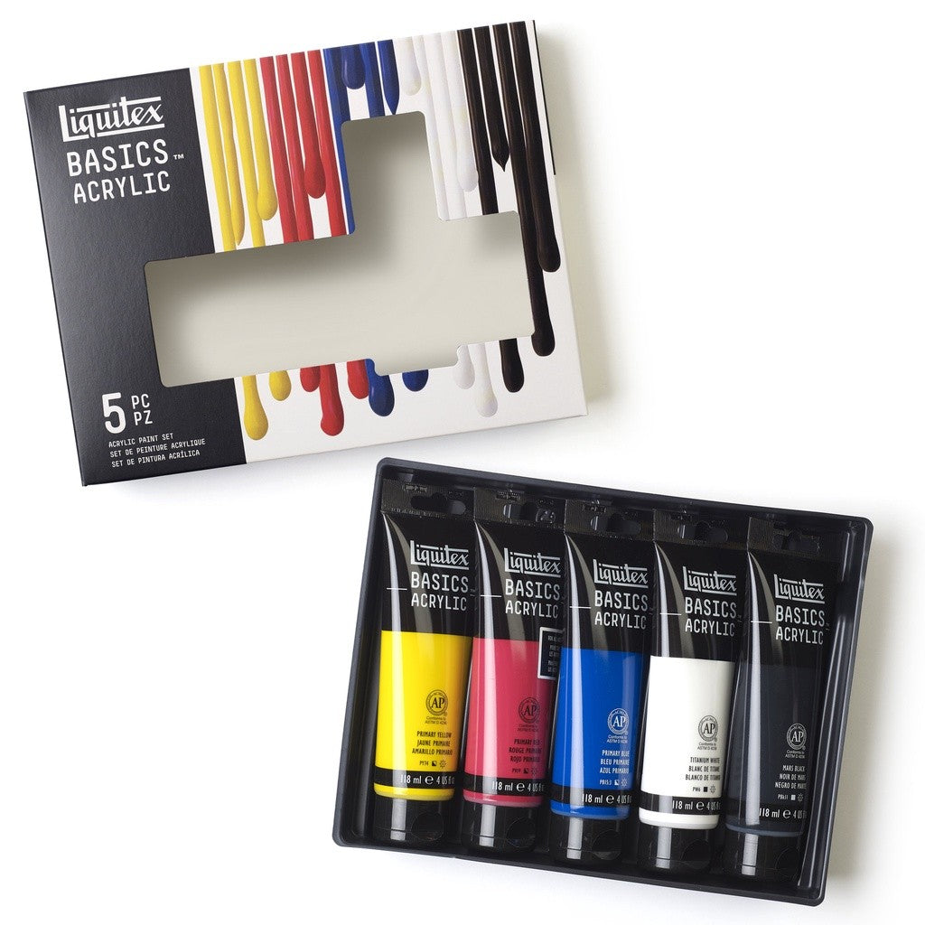 Liquitex Basics Acrylic Paint Set [5×118ml] | Primary Colours, Student-Grade, Lightfast Pigments