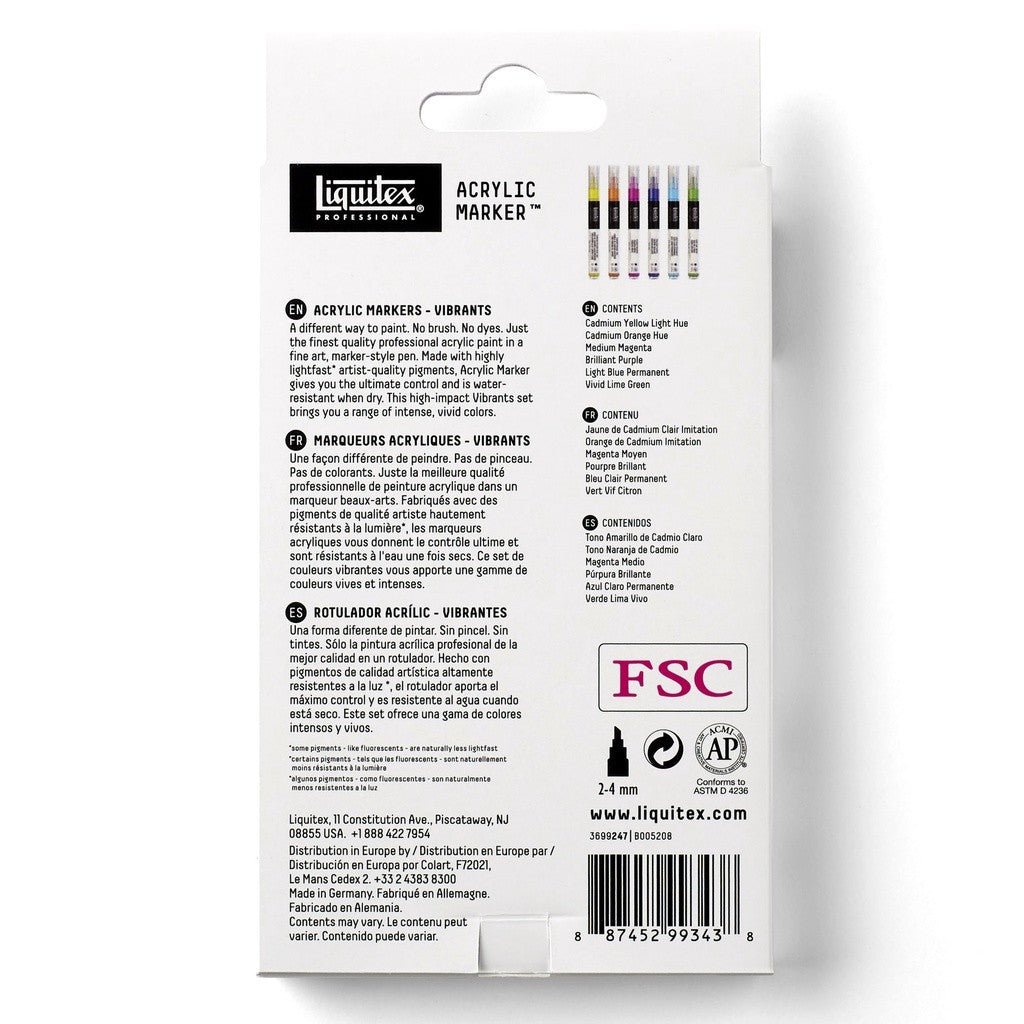 Liquitex Professional Acrylic Paint 6 Marker Set Vibrants 2mm Nibs | Fine Tip Artist Markers