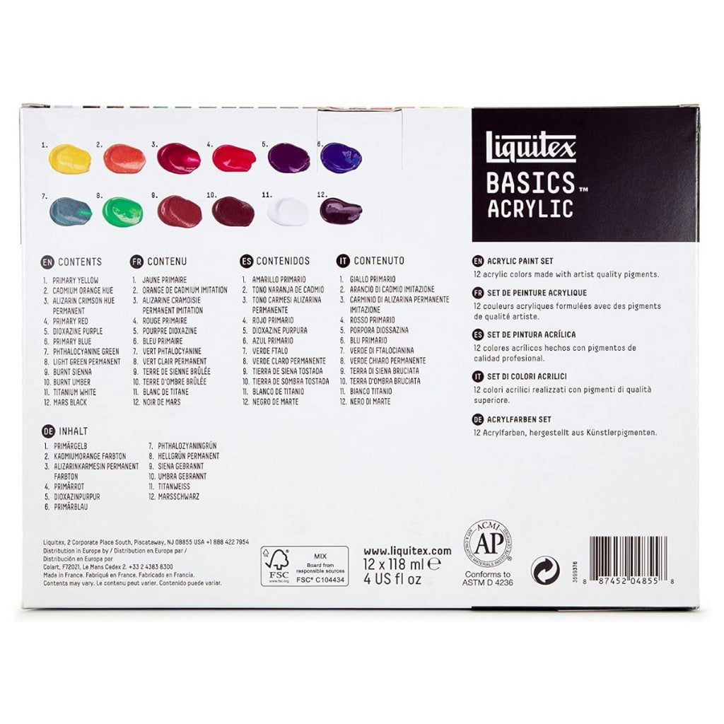 Liquitex Basics Acrylic Paint Set [12×118ml] | Student-Grade, High Pigment, Multi-Surface Use