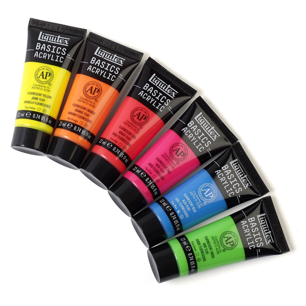 Liquitex Basics Fluorescent 6 Acrylic Paint Set 6 22ml | Neon Artist Colours | Student-Grade