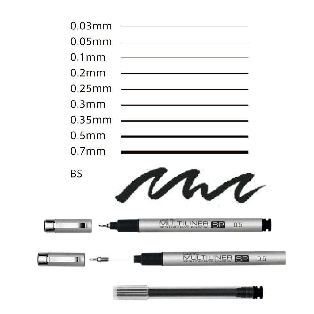 Copic Black Multiliner SP 10A Set Refillable Pigment Ink Pens [0.03-0.7mm] Brush Tip