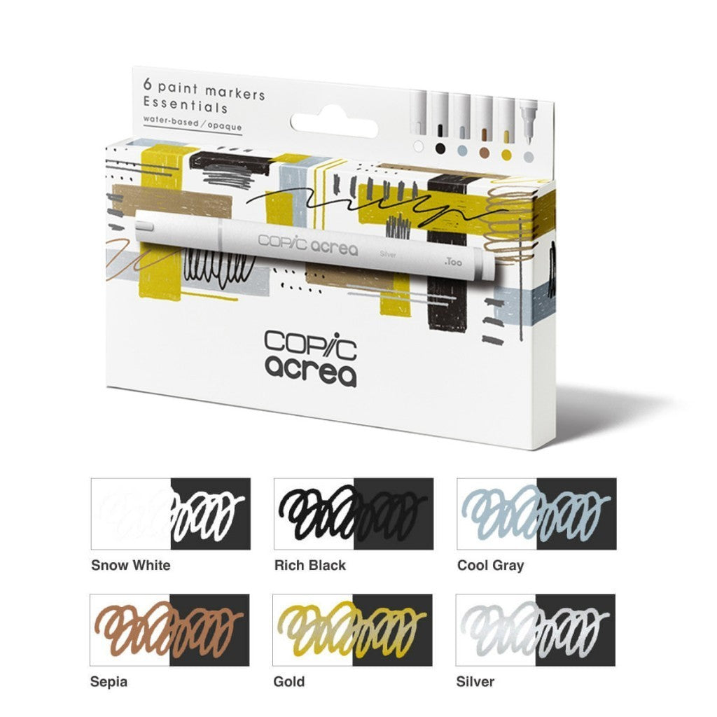 Copic Acrea 6pc Essentials Paint Marker Set White Gold Silver Waterproof 0.8mm Water Based