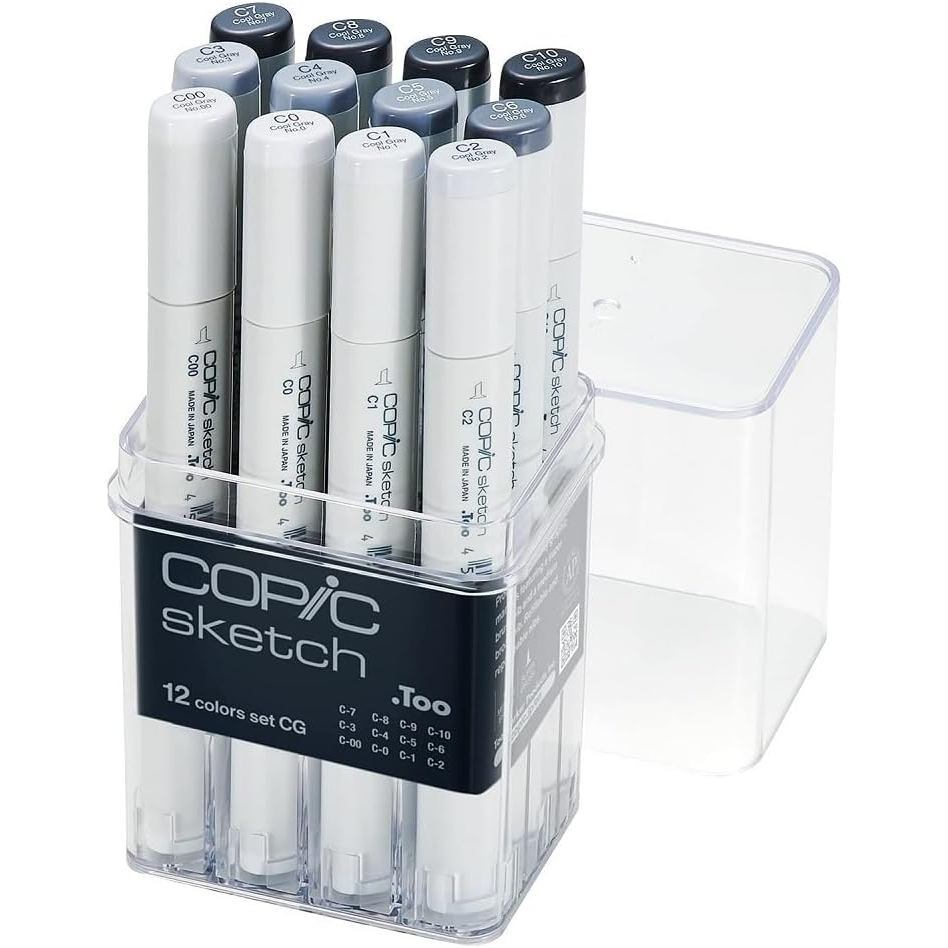 Copic Sketch 12pcs Cool & Warm Grey Marker Set – Dual Tip Alcohol Markers for Shading, Illustration