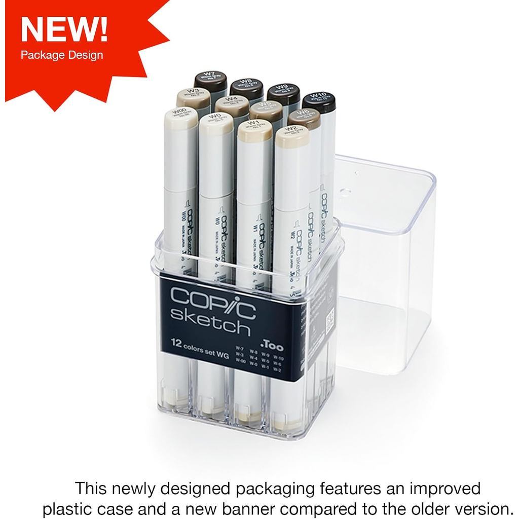 Copic Sketch 12pcs Cool & Warm Grey Marker Set – Dual Tip Alcohol Markers for Shading, Illustration