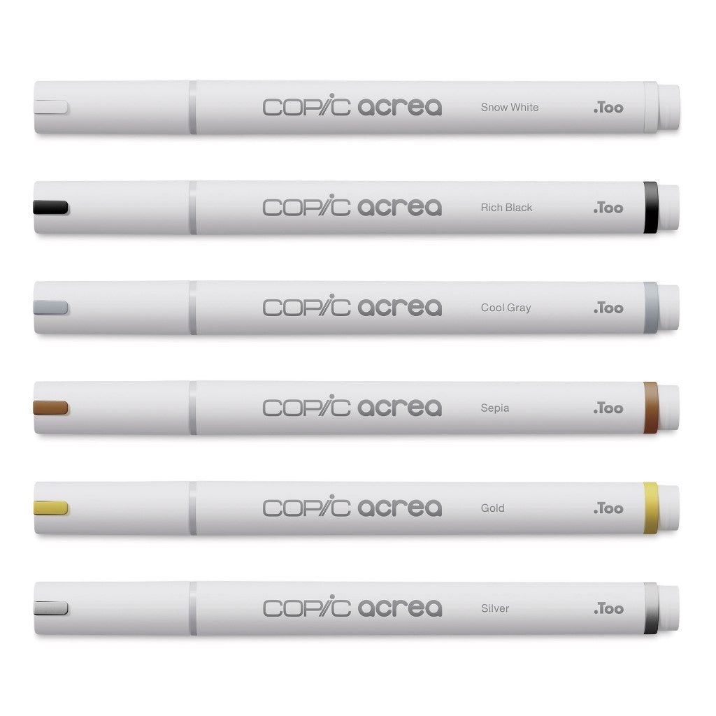 Copic Acrea 6pc Essentials Paint Marker Set White Gold Silver Waterproof 0.8mm Water Based