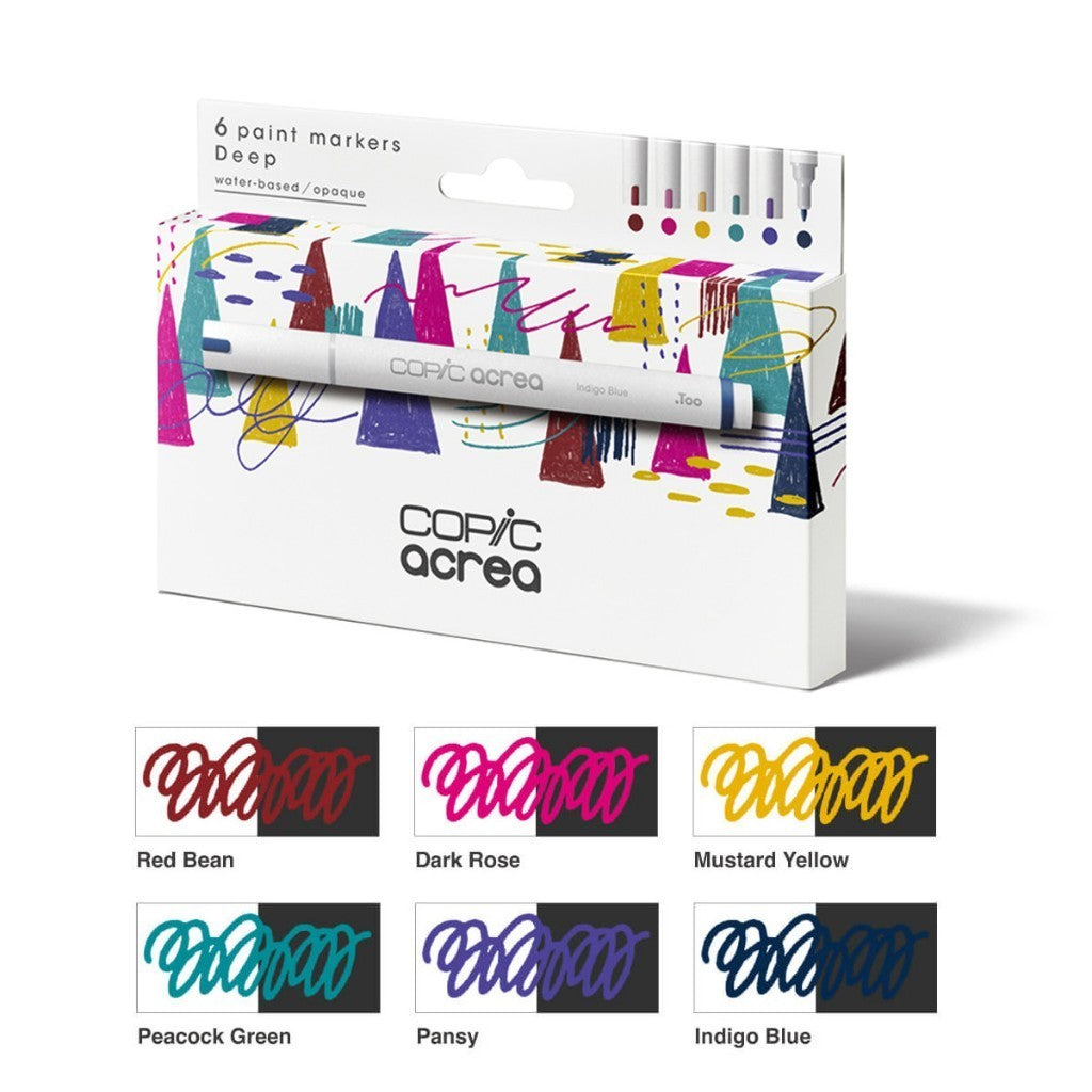 Copic Acrea 6pc Deep Paint Marker Set 0.8mm Opaque Waterproof Multi Surface Water Based