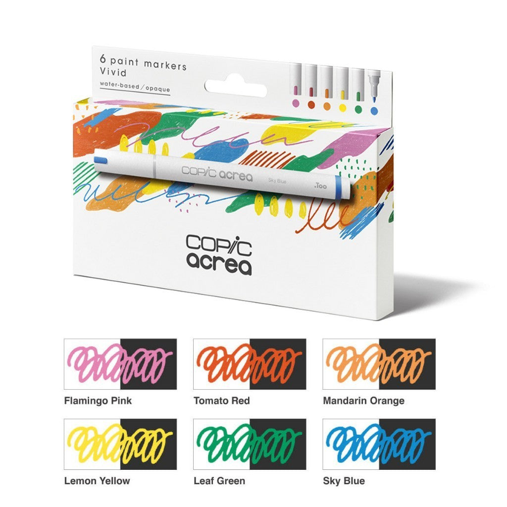 Copic Acrea 6pc Vivid Paint Marker Set 0.8mm Opaque Waterproof Multi Surface Water Based