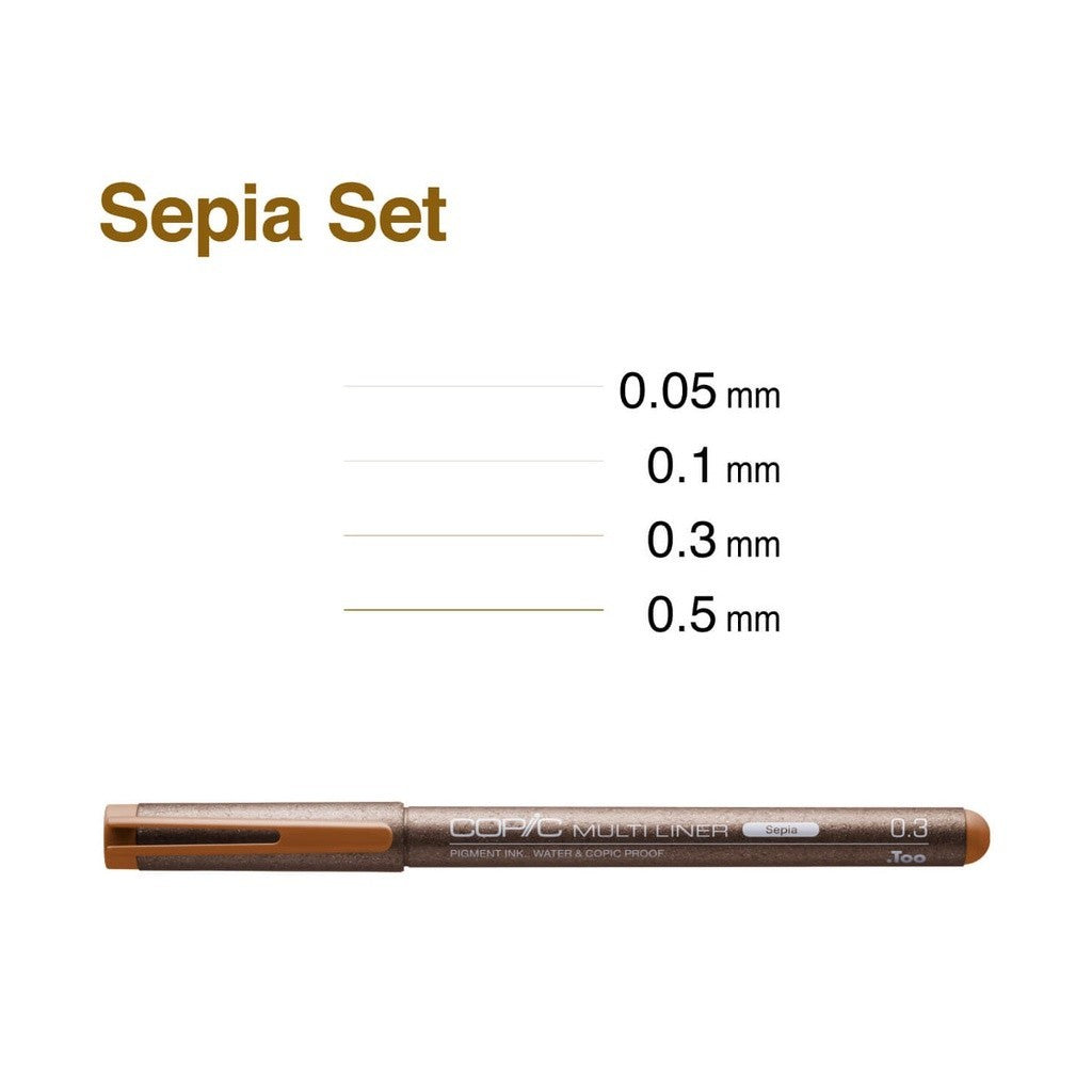 Copic Multiliner 4pc Set Sepia Fine Nib [0.05–0.5mm] Waterproof Pigment Pen
